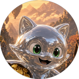 gitcat, a chrome cat with green eyes and a paw on a pile of gold coins